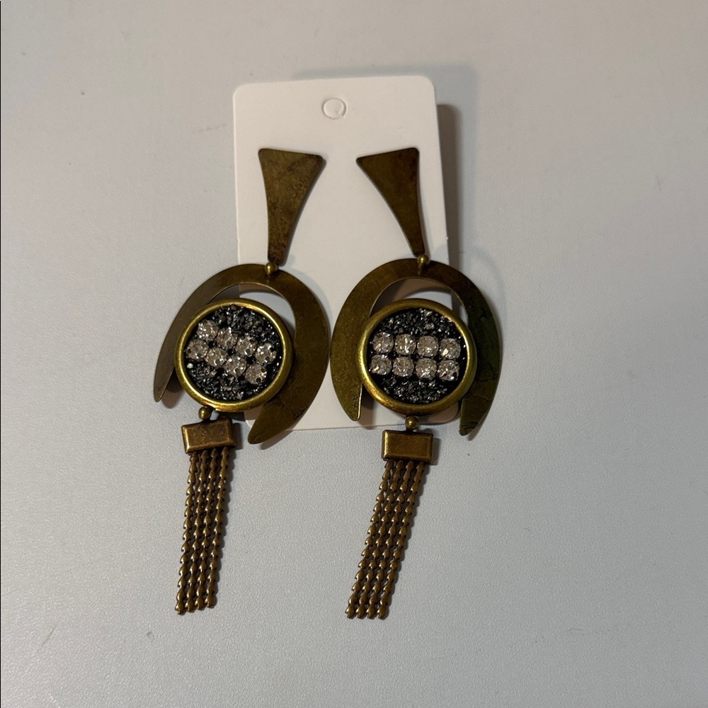 Vintage Rhinestone Brass and Black Statement Dangle Earrings